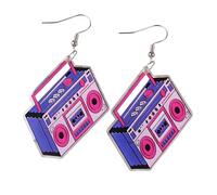 Retro Recorder Dangle Earrings for Women Men, 80s 90s Neon Acrylic Cartoon Boombox Drop Hook - Music Festival Party Cosplay Jewellery, Novelty Gift for Radio Lovers (Purple)