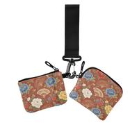 Retro Red and Blue Peony Fan Women's Card Cases Change Holder Small Detachable Zipper Wallet Coin Bag with Wristlet Strap for Daily Use 2 Pcs