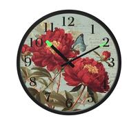 Retro Red Flower Butterfly Night Light Wall Clock Glow in Dark Light Up Wall Clocks Non-Ticking Silent Battery Operated Clocks 12 Inch for Bedroom Home