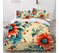 Retro Red Flowers Duvet Cover Set 260×220cm Light Yellow Background Soft Lightweight Microfibre 3 Piece Bedding Set with 2 Pillowcase 50 * 75cm All Season Quilt Cover with Zipper Closure
