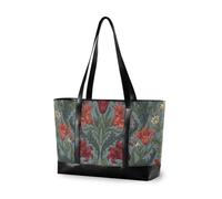 Retro Red Saskatchewan Lily Pattern Portable work bags for women with zipper work totes for Travel Essentials Beach Gifts Birthday Gifts for Women with office bolso para laptop