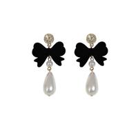 Retro red velvet bow pearl earrings super flash light luxury temperament style New Year fashion
