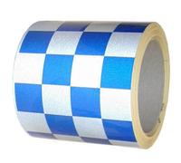 RETRO-REFLECTIVE chequered marking tape - self-adhesive, reflective tape for bollards, signs, posts, barriers, vehicles, gates (White & Blue, 100mm x 10M)