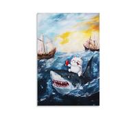 Retro Renaissance Wall Art, Funny Fat Cat Riding Shark Design, Whimsical Humorous Animal Prints, Creative Cats Vs Shark Painting, Hanging Paintings Poster for Living Room And Bedroom Wall Decor 20x30