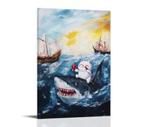 Retro Renaissance Wall Art, Funny Fat Cat Riding Shark Design, Whimsical Humorous Animal Prints, Creative Cats Vs Shark Painting, Hanging Paintings Poster for Living Room And Bedroom Wall Decor 16x24