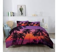 Retro Reversible comforter All Seasons Single 135×200 cm with Sunset Palm Trees Seascapes Pattern, Lightweight and Warm, Colorful Soft Comforter Cover Bed Linen with 2 Pillowcases