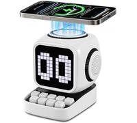 Retro Robot 5-in-1 Bluetooth Speaker: 15W Wireless Charger, Pixel LED Screen, 10W Stereo Sound & 15 White Noise, Alarm Clock, Cute Portable Wireless Speaker for