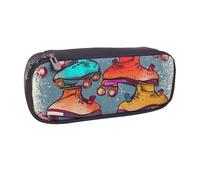 Retro Roller Skates Colorful Printed Pu Leather Pencil Case Box Flip Pen Bag and Makeup Cosmetic Holder for Girls Boys School Students