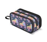 Retro Rollers Skates Disco Groovy Funky Seamless Pattern on Dark Blue Background Pencil Case for Boys Girls, Large Capacity Pen Bag 3 Compartment Pencil Pouch Stationery Organizer Marker Case for Scho