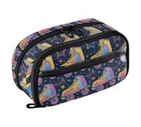 Retro Rollers Skates Disco Groovy Funky Seamless Pattern on Dark Blue Background Pencil Case, Waterproof Zipper Pen Bag Pouch Organizer with PE Divider Large Capacity Stationery Storage for School Off