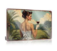 Retro Room Decor Grunge Signs - Vintage Woman Enjoying Red Wine In Tropical Paradise Rustic Wall Art Decor Easy Hang For Campers(20X30CM)