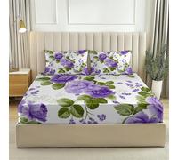 Retro Roses Pastoral Purple Printed Fitted Sheets for Queen (59" x 79") Size Bed,Microfiber Fitted Bed Sheets,Soft Breathable Fade Resistant Bedding with Extra Deep Pocket