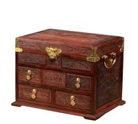 Retro Rosewood & Zambian Blood Ebony Jewelry Box - Hand Carved Vintage Treasure Chest with Mirror Lid & Lock - 3-Layer Travel Jewelry Organizer for Earrings, Necklaces, Rings(A red rosewood)