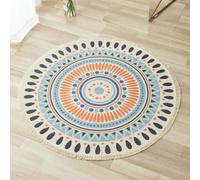 Retro Round Area Rug for Living Room Ethnic Cotton & Linen Tapestry with Tassels Modern Macrame Carpet for Bedroom and Home Decor.