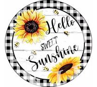 Retro Round Sign Hello Sweet Sunshine Sunflower Bee Summer Sign Metal Tin Sign Iron Painting Plaque Vintage Novelty Funny Parlor Home Restaurant Kitchen Celebration Farm Courtyard Wall Decor 6x6 Inch