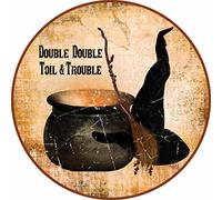 Retro Round Tin Sign 12 X 12 Inches Happy Halloween Double Double Toil & Trouble Wreath Attachment Funny Wall Decor Nostalgic Arts Decor Waterproof Plate Decoration Novelty Decorative Crafts Gifts