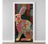 Retro Rural Flowers Patchwork Door Mural, Rabbit Silhouette Murals Stickers 90x200 cm, Color Moroccan 3D Door Stickers Vinyl Self-Adhesive Peel and Stick Bedroom Living Room Door Decoration Y5h83