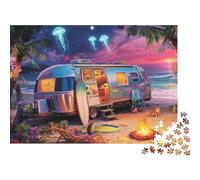 Retro RV Beach Night 1000-Piece Jigsaw Puzzle Decoration for Puzzle Enthusiasts Night Camper Challenging & Brainteasing 70x50cm/1000pcs