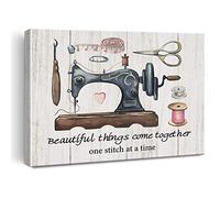 Retro Sewing Machine Art Wall Decor Beautiful Things Come Together Quote Canvas Print Farmhouse Framed Painting for Sewing Lover Home Sewing Room Wall & Tabletop Decor