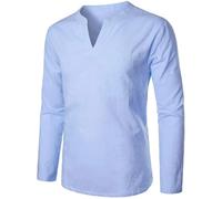 Retro Shirt Men's Cotton Linen Long Sleeve T-Shirt V Neck Slim Fit Blouse(Light Blue,US XXXL)