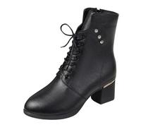 Retro Short Leather Ankle Boots Women's with Heel - Transition Boots Block Heel Half Height Women's Boots PU Leather Pin Warm Winter Boots Transition Boots Lace-Up Ankle Boots Ankle Boots, black, 6 UK