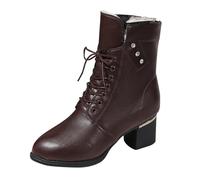 Retro Short Leather Ankle Boots Women's with Heel - Transition Boots Block Heel Half Height Women's Boots PU Leather Pin Warm Winter Boots Transition Boots Lace-Up Ankle Boots Ankle Boots, coffee, 8