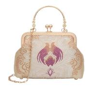 Retro Shoulder Chain Messenger Clutch Chinese Style Crane Embroidered Jacquard Women's Evening Bags, Golden Phoenix, M