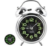 Retro Silent Double Bell Alarm Clock With Luminous Display & Night Light - Black & Silver