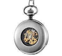 Retro Silver Black Smooth Mechanical Pocket Watch Unique Hand Winding Watch Roman Numerals Dial Chain Pendants Unisex Gifts