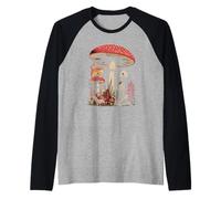 Retro Skeleton and Tabby Kitten Under A Forest Mushroom Raglan Baseball Tee