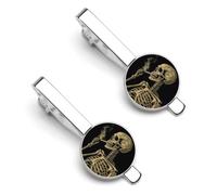 Retro Skeleton Portrait 2 Pcs Tie Clips for Men Necktie Tie Bar | Electroplated Copper Men's Tie Clips Smooth Surface Tie Clasps Lightweight Necktie Clip for Father Husband Business Wedding
