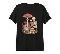 Retro Skeleton Reading A Book Beneath Woodland Mushrooms Premium T-Shirt