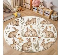Retro Sketch Style Round Rugs 160cm, Brown | Washable Soft Low Pile, Non-shedding, Rabbit Thistle Mushroom Circle Area Rug with Non-slip Backing for Kids Bedroom, Playroom and Reading Corner