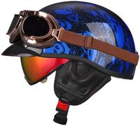 Retro Skull Cap Motorcycle Half Helmet Approved by DOT, Vintage Open Face Helmets with sun visor and goggles Baseball Cap Helmets for Men Women for Cruiser Chopper Moped Scooter 1,M=56-58cm