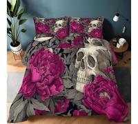 Retro Skull Peony Quilted Coverless Duvet Long Double Cooling Comforter Bedspread, Light Gray Soft Quilted Duvet Set 200 x 220 cm with Pillowcases Lightweight All Season Easy Care Quilted Bedspread