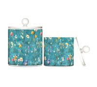 Retro Small Flowers Turquoise Clear Plastic Candy Organizer Storage with lid Bathroom Essentials Decorative Small Storage Bins for Cotton Swabs,Cotton Pads 2 Pack