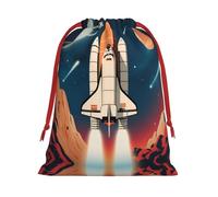 Retro Space Shuttle Print Ultra Soft Plush Christmas Party Gift Bags, Drawstring Xmas Candy Treat Favors Holiday Sacks, Wedding Jewelry Pouches