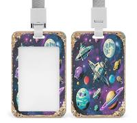 Retro Space Theme Badge Holder Waterproof Plastic ID Card Badge Holders with Lanyard Vertical Card Case Protector Pouch Clear Window Work Badges for Women Men