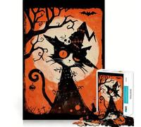 Retro Spooky Halloween Black Cat with Moon 1000 Piece Jigsaw Puzzle for Adults Memory Gain Gentle Leisure Design Assembly Art Collection Piece (50x75cm)