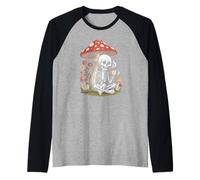 Retro Spooky Skeleton Sipping hot Coffee Under a Mushroom Raglan Baseball Tee