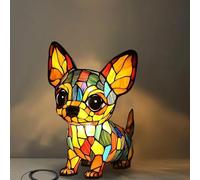 Retro Stained Glass Dog Lamp, Cute LED Animal Bedside Tabletop Night Light, Create A Warm Atmospher for Bedside Or Desk Lighting(Yellow-e)