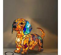 Retro Stained Glass Dog Lamp, Cute LED Animal Bedside Tabletop Night Light, Create A Warm Atmospher for Bedside Or Desk Lighting(Yellow-f)
