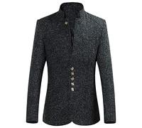 Retro Stand Collar Blazer Jacket for Men Chinese Tunic Slim Fit Solid Winter Button Mandarin Collar Sports Coat (Black,M)