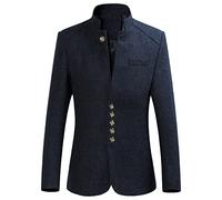 Retro Stand Collar Blazer Jacket for Men Chinese Tunic Slim Fit Solid Winter Button Mandarin Collar Sports Coat (Dark Blue,L)