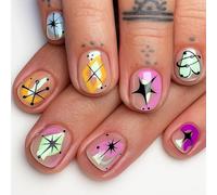 Retro Star Geometric Press-On Nails Short Oval Tips - Vintage 60s Nail Art Designs With Gelly Adhesive Tabs For Easy No Skill Manicure, Glossy Finish & Mismatched Styling Kit
