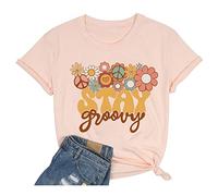 Retro Stay Groovy Shirt for Women Hippie 70s T-Shirt Cute Floral Graphic Tees Casual Summer Short Sleeve Tops, Pink, M
