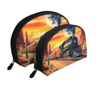 Retro Steam Locomotive Desert, Rock Sunset Printed Makeup Bags 2-Piece Portable Shell Travel Toiletry Bag