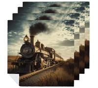 Retro Steam Train Cloth Napkins 4 Pack Journey Reusable Dinner Table Napkins for Home Hotel Restaurant Weddings Party