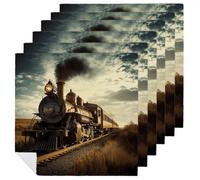 Retro Steam Train Cloth Napkins 6 Pack Journey Reusable Dinner Table Napkins for Home Hotel Restaurant Weddings Party