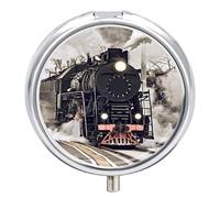 Retro Steam Train Departs from The Station with Smoke Iron Pill Box Case Organizer with Internal Separate Plastic Dividers, Travel Small Medicine Bag Holder Carrier Round Container